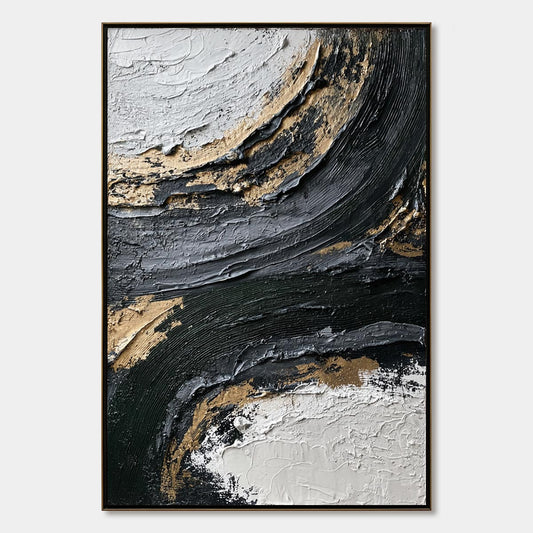 Kintsugi Rift hand-painted white, soft grey, black and gold textured coastal landscape painting rolled canvas option