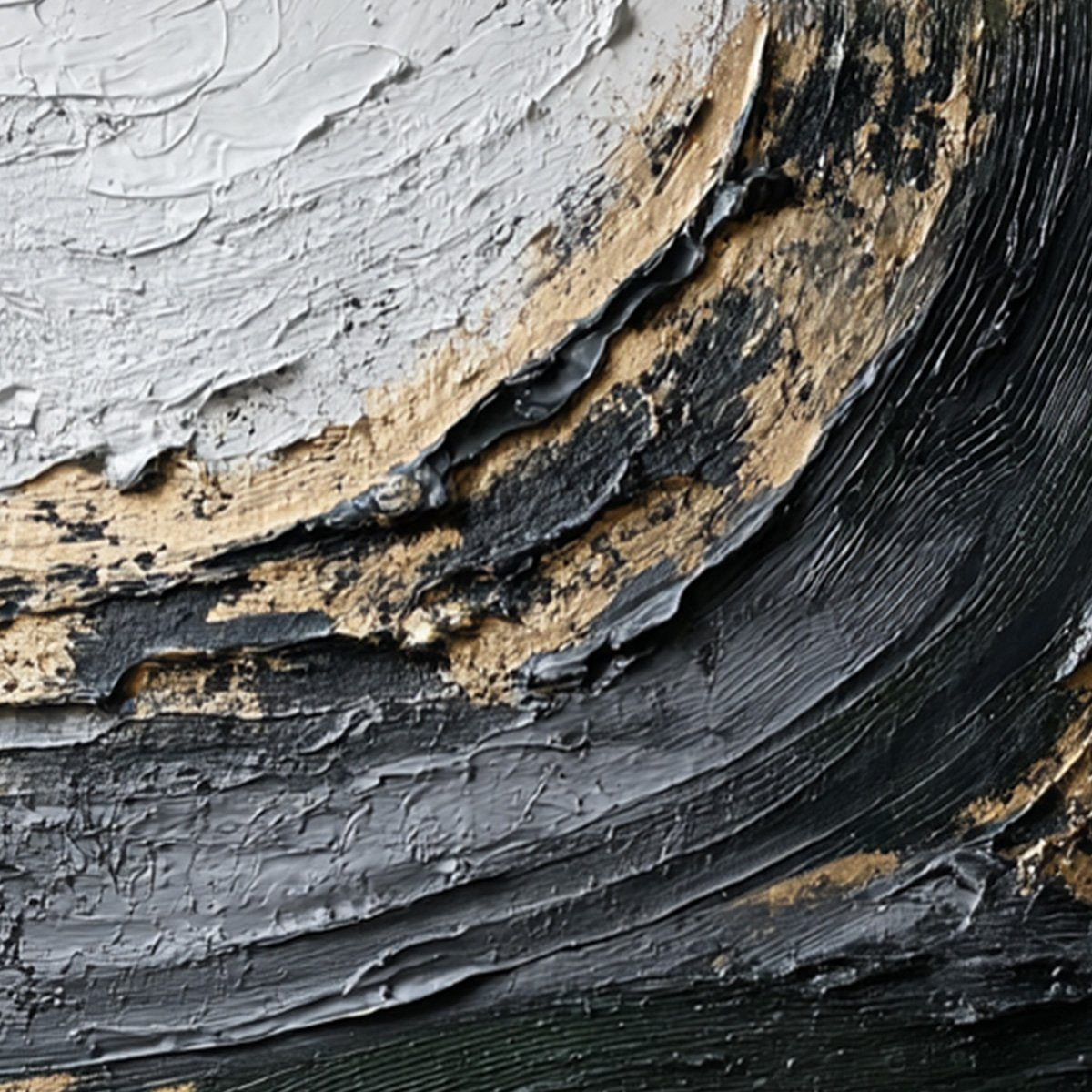Kintsugi Rift hand-painted white, soft grey, black and gold textured coastal landscape painting shown with white frame