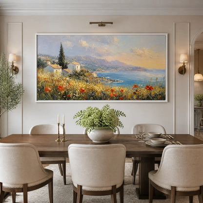 Lemon Coast hand-painted ocean blue, ivory and soft neutral tones textured coastal landscape painting