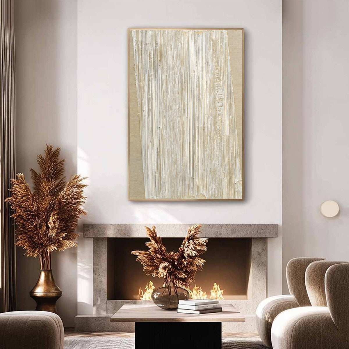 White and Beige Wabi-Sabi Abstract Palette Knife Oil Painting – Linear Calm