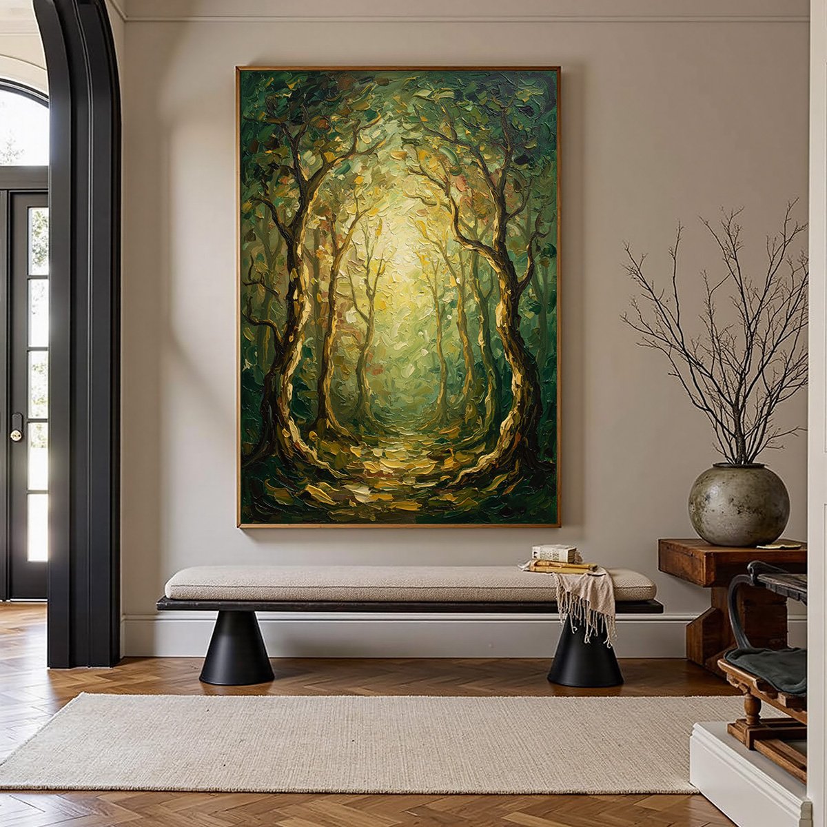 Luminous Trail hand-painted forest green, soft grey and warm earth tones textured forest path painting shown with silver frame