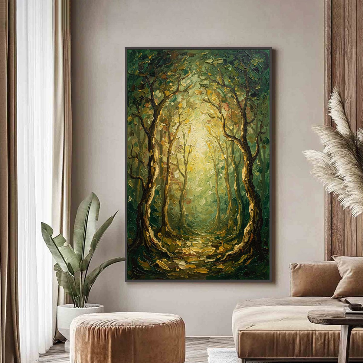 Luminous Trail hand-painted forest green, soft grey and warm earth tones textured forest path painting shown as stretched canvas