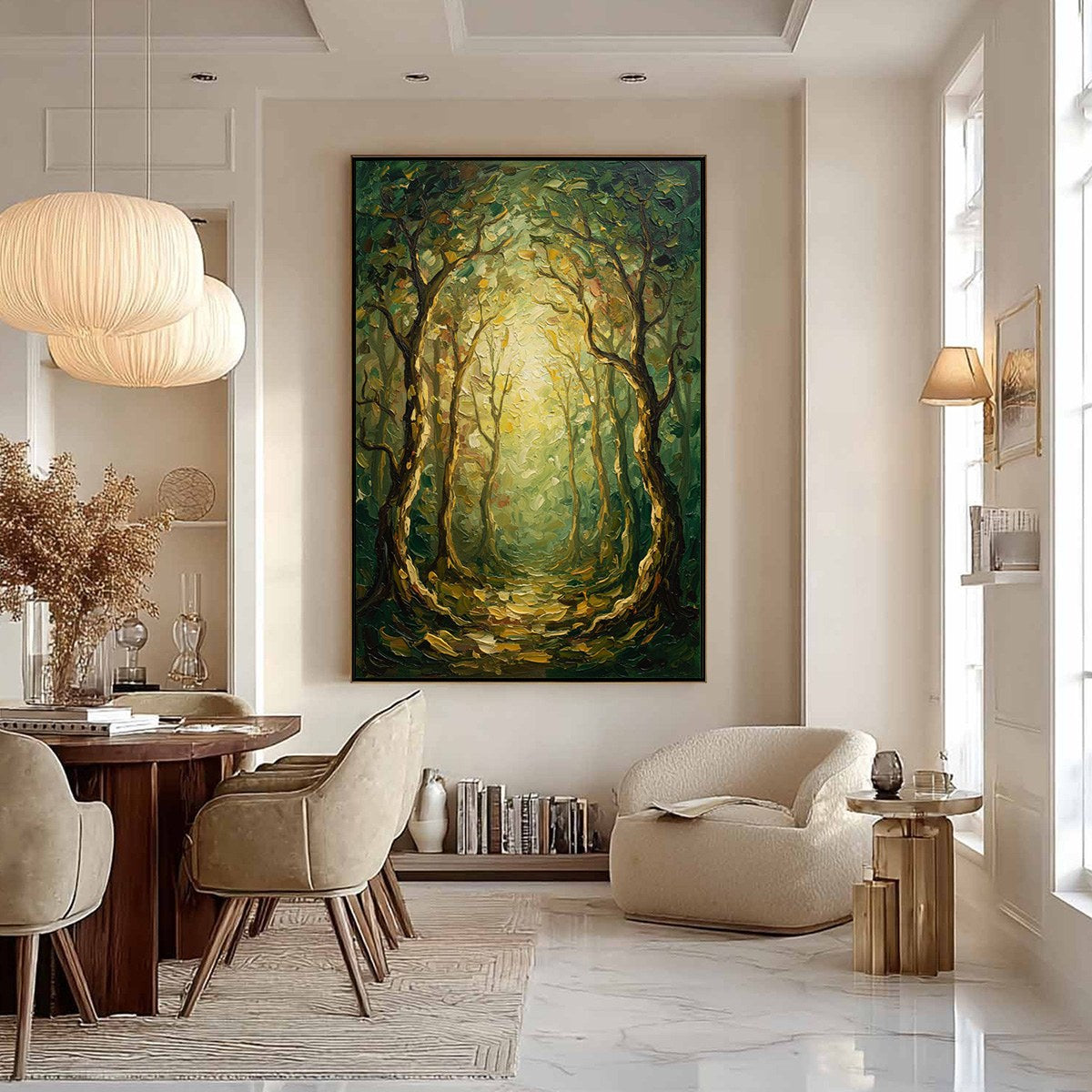 Luminous Trail hand-painted forest green, soft grey and warm earth tones textured forest path painting shown with black frame