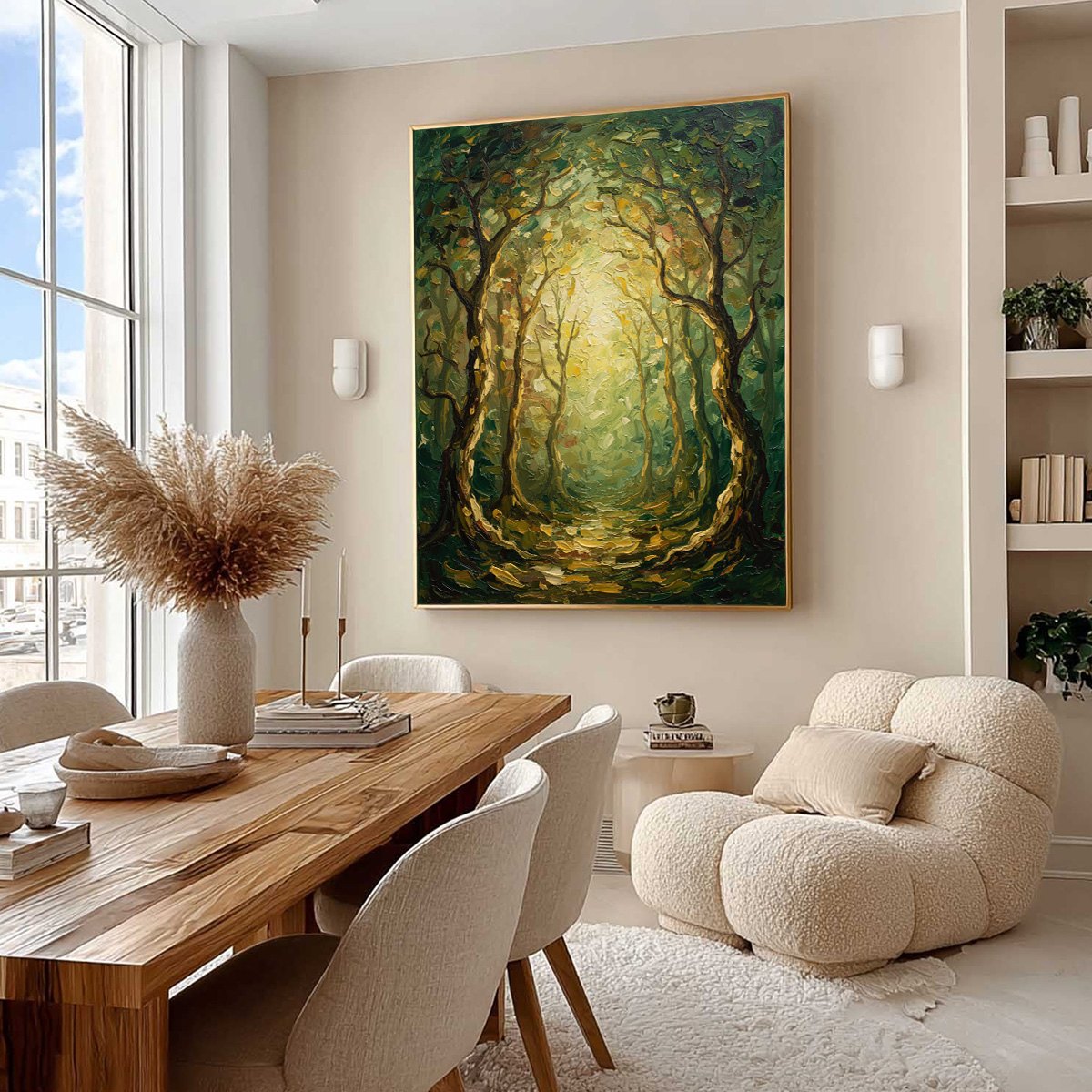 Luminous Trail hand-painted forest green, soft grey and warm earth tones textured forest path painting shown with wood frame