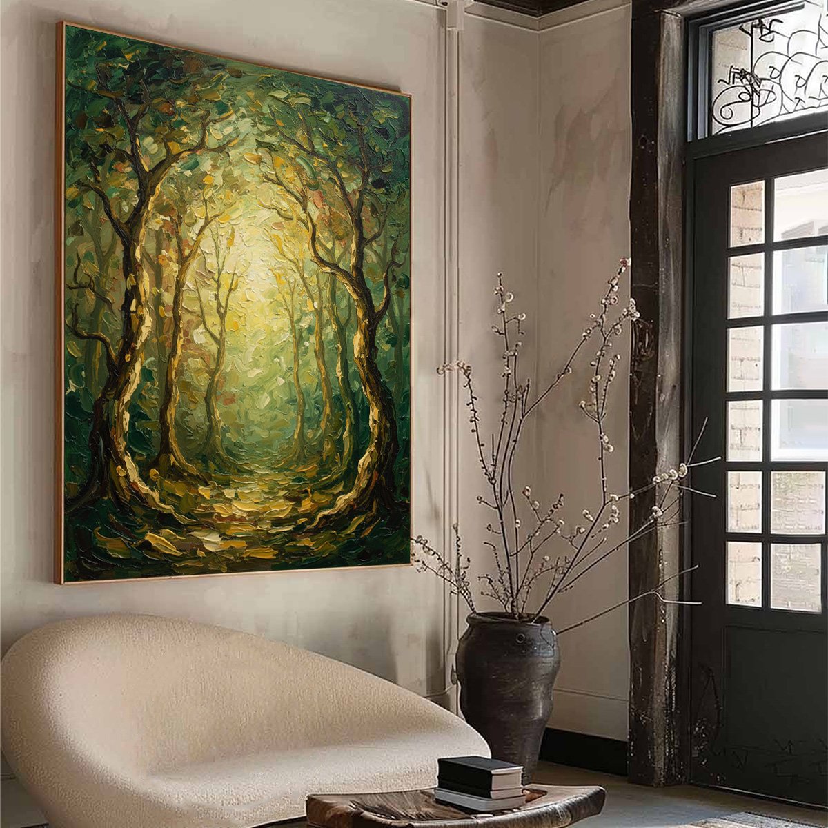 Luminous Trail hand-painted forest green, soft grey and warm earth tones textured forest path painting rolled canvas option