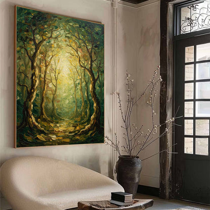 Luminous Trail hand-painted forest green, soft grey and warm earth tones textured forest path painting rolled canvas option