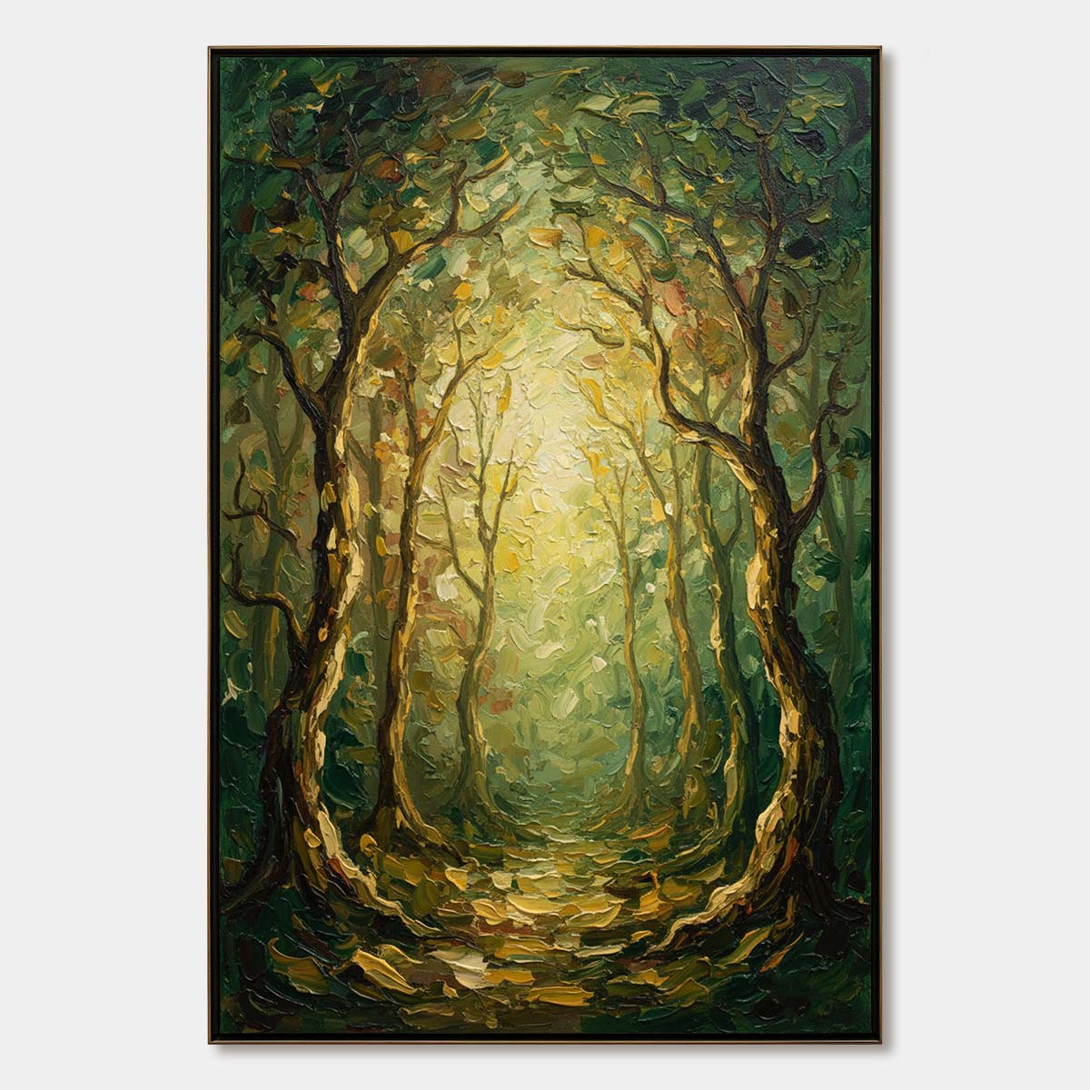 Luminous Trail hand-painted forest green, soft grey and warm earth tones textured forest path painting rolled canvas option