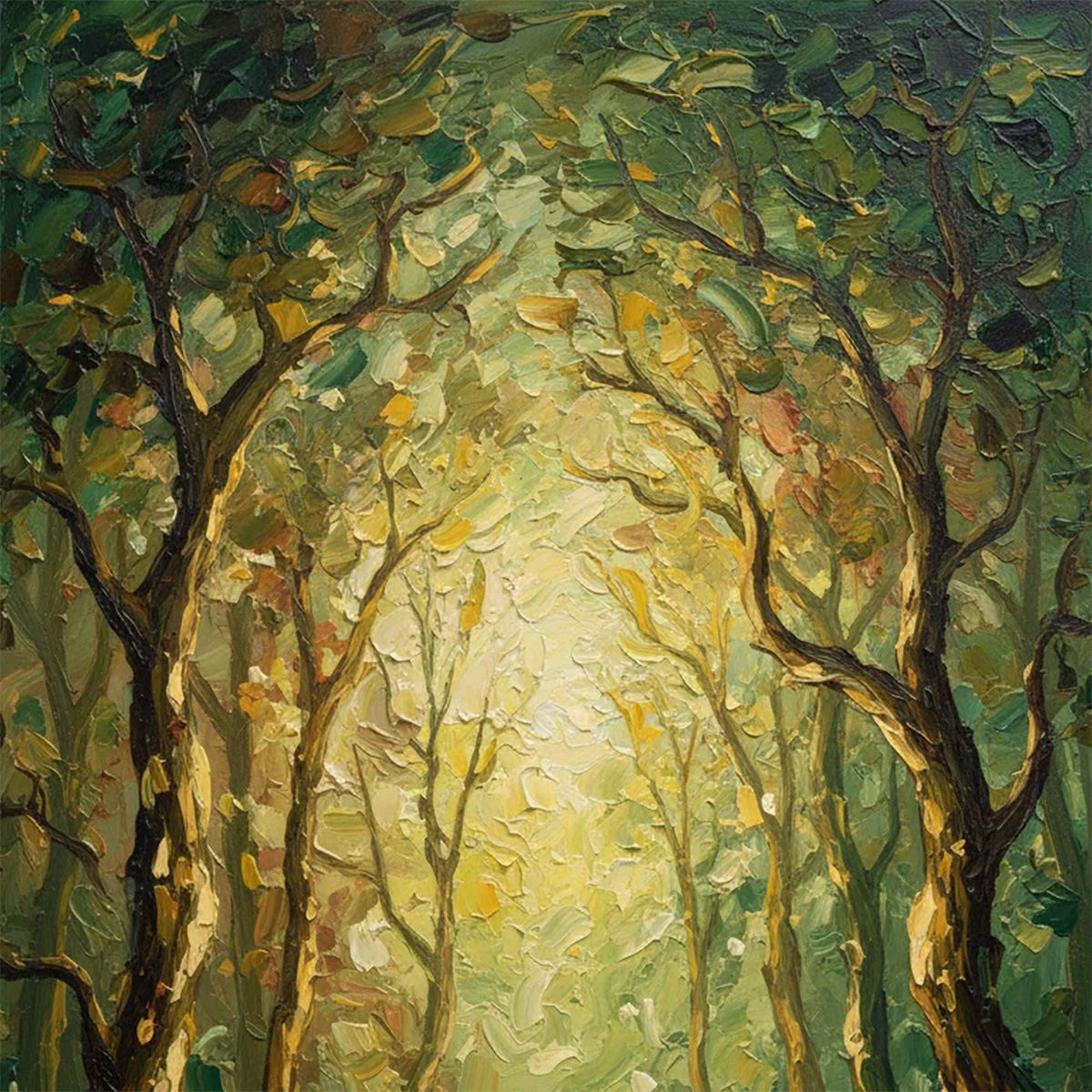 Luminous Trail hand-painted forest green, soft grey and warm earth tones textured forest path painting shown with white frame