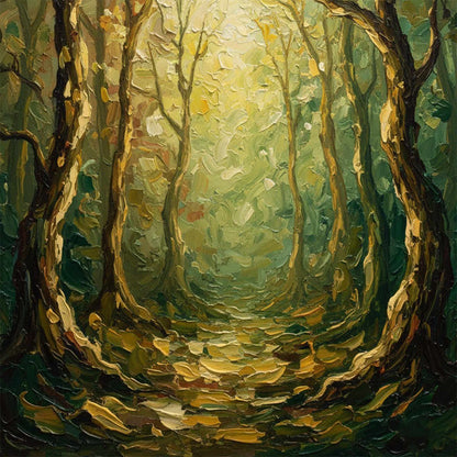 Luminous Trail hand-painted forest green, soft grey and warm earth tones textured forest path painting shown with gold frame