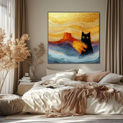 Blue and Gold Cat Impasto Oil Painting – Lunar Thief