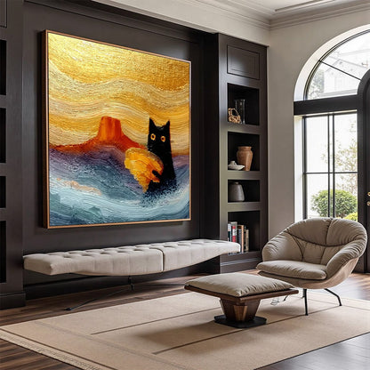 Blue and Gold Cat Impasto Oil Painting – Lunar Thief