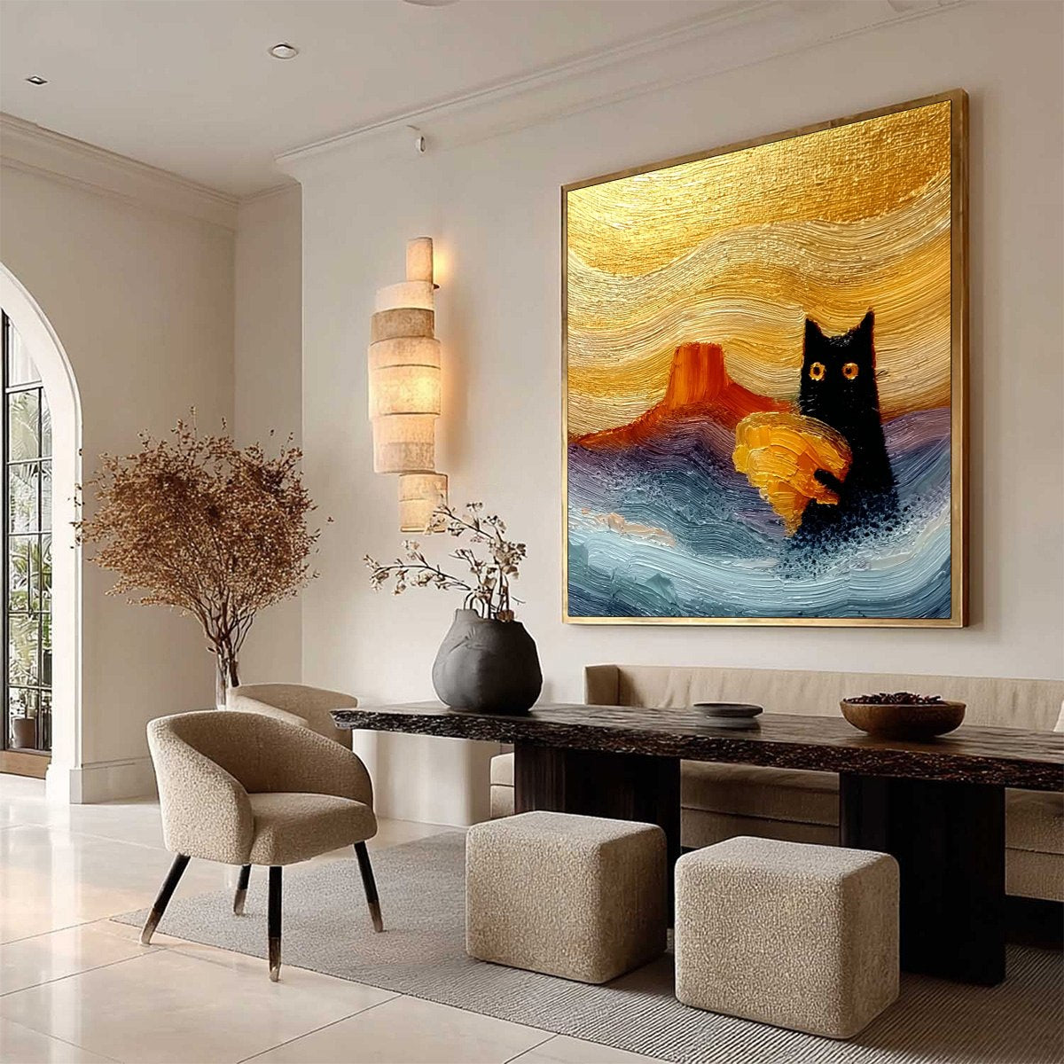 Blue and Gold Cat Impasto Oil Painting – Lunar Thief