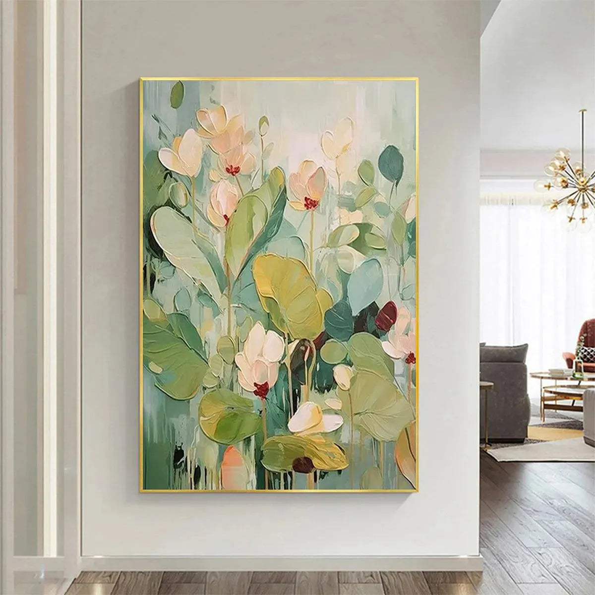 Green and White Impressionist Floral Textured Painting – Lush Garden