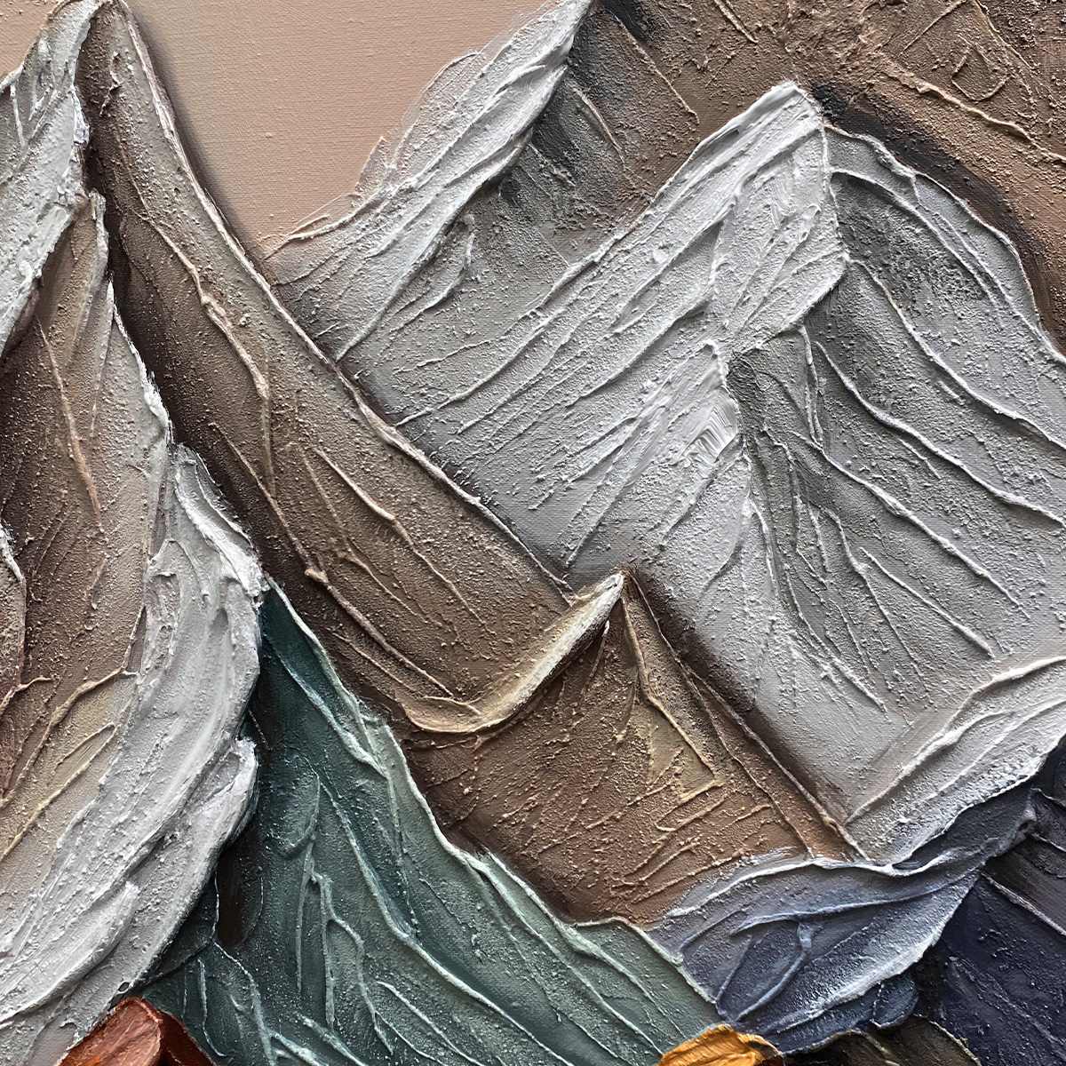 Majestic Peaks hand-painted slate blue, ivory and soft grey textured mountain landscape painting shown with silver frame