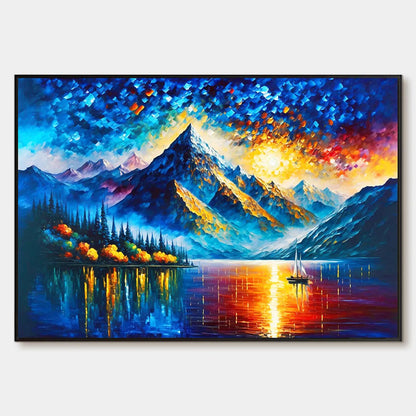 Majestic Sunrise hand-painted crimson, golden yellow, turquoise and violet textured mountain lake painting rolled canvas option