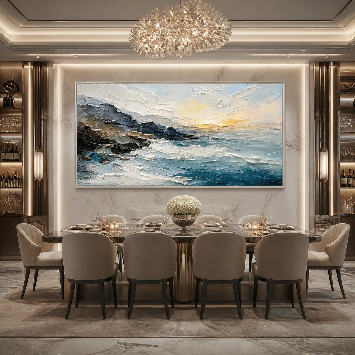 Midnight Breaker hand-painted soft grey and ocean blue textured ocean wave painting