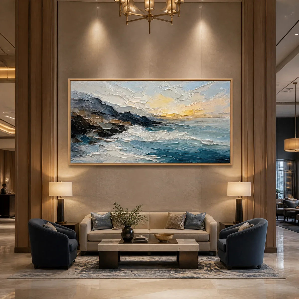 Midnight Breaker hand-painted soft grey and ocean blue textured ocean wave painting