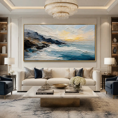 Midnight Breaker hand-painted soft grey and ocean blue textured ocean wave painting