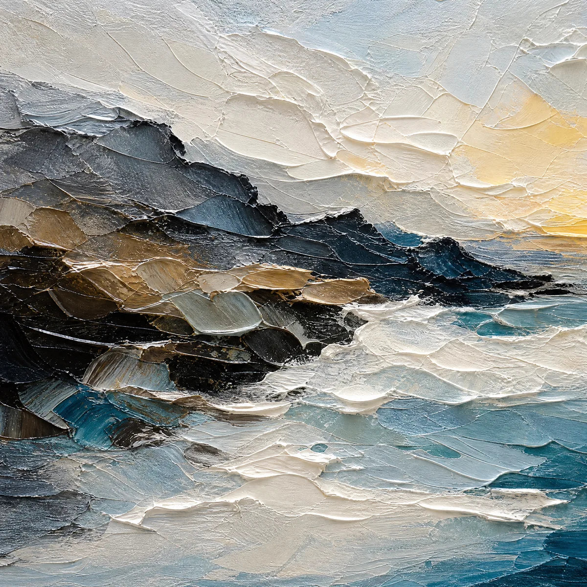 Midnight Breaker hand-painted soft grey and ocean blue textured ocean wave painting