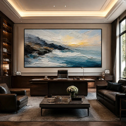 Midnight Breaker hand-painted soft grey and ocean blue textured ocean wave painting
