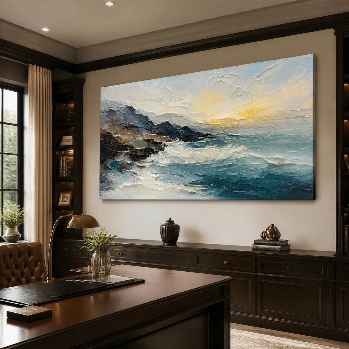Midnight Breaker hand-painted soft grey and ocean blue textured ocean wave painting