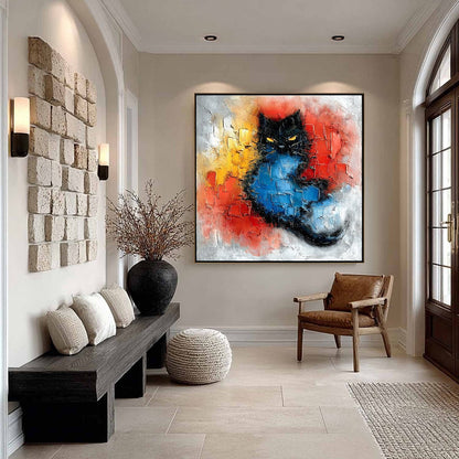 Gold and Black Cat Impasto Oil Painting – Midnight Ember