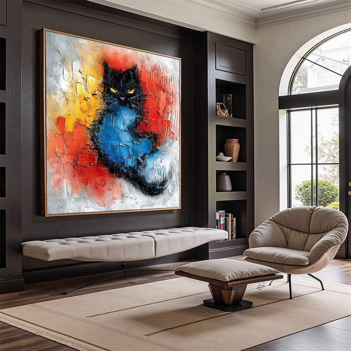 Gold and Black Cat Impasto Oil Painting – Midnight Ember