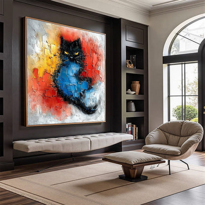 Gold and Black Cat Impasto Oil Painting – Midnight Ember