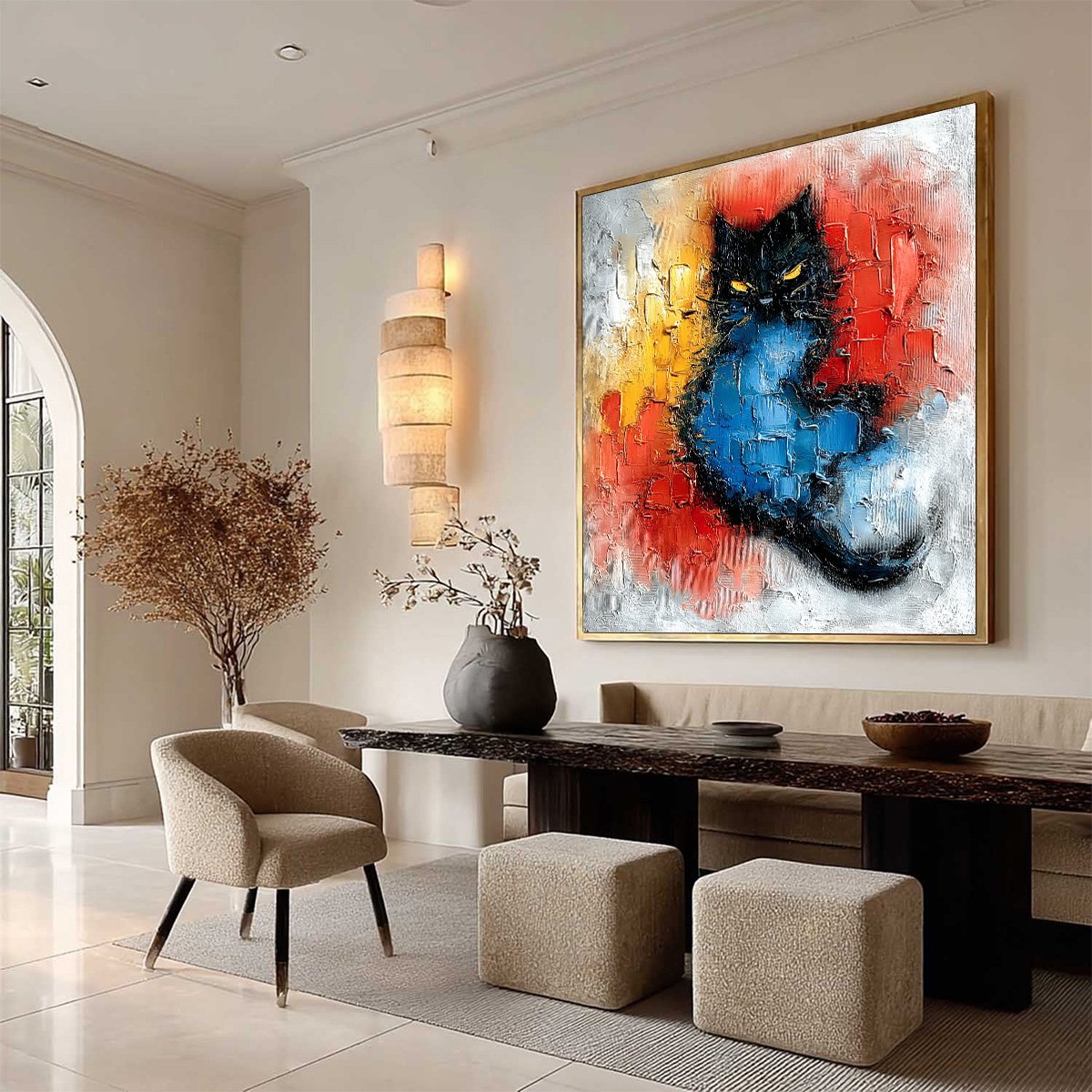 Gold and Black Cat Impasto Oil Painting – Midnight Ember