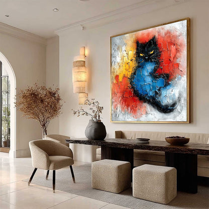 Gold and Black Cat Impasto Oil Painting – Midnight Ember