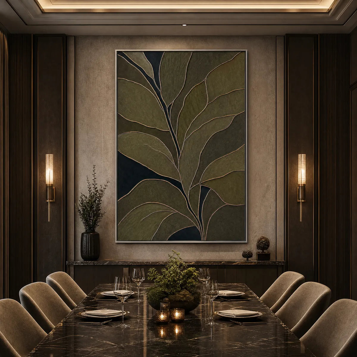 Olive Abstract Botanical Textured Painting – Midnight Foliage