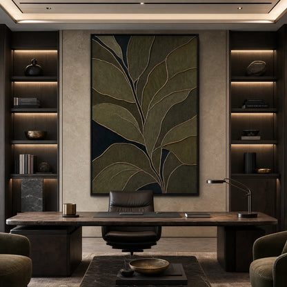 Olive Abstract Botanical Textured Painting – Midnight Foliage