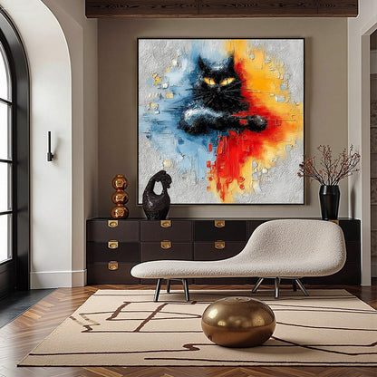 Gold and Black Abstract Cat Impasto Oil Painting – Midnight Gaze