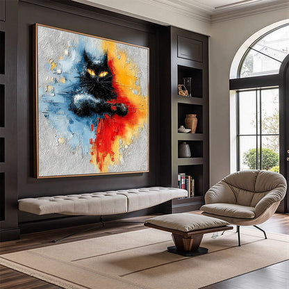 Gold and Black Abstract Cat Impasto Oil Painting – Midnight Gaze