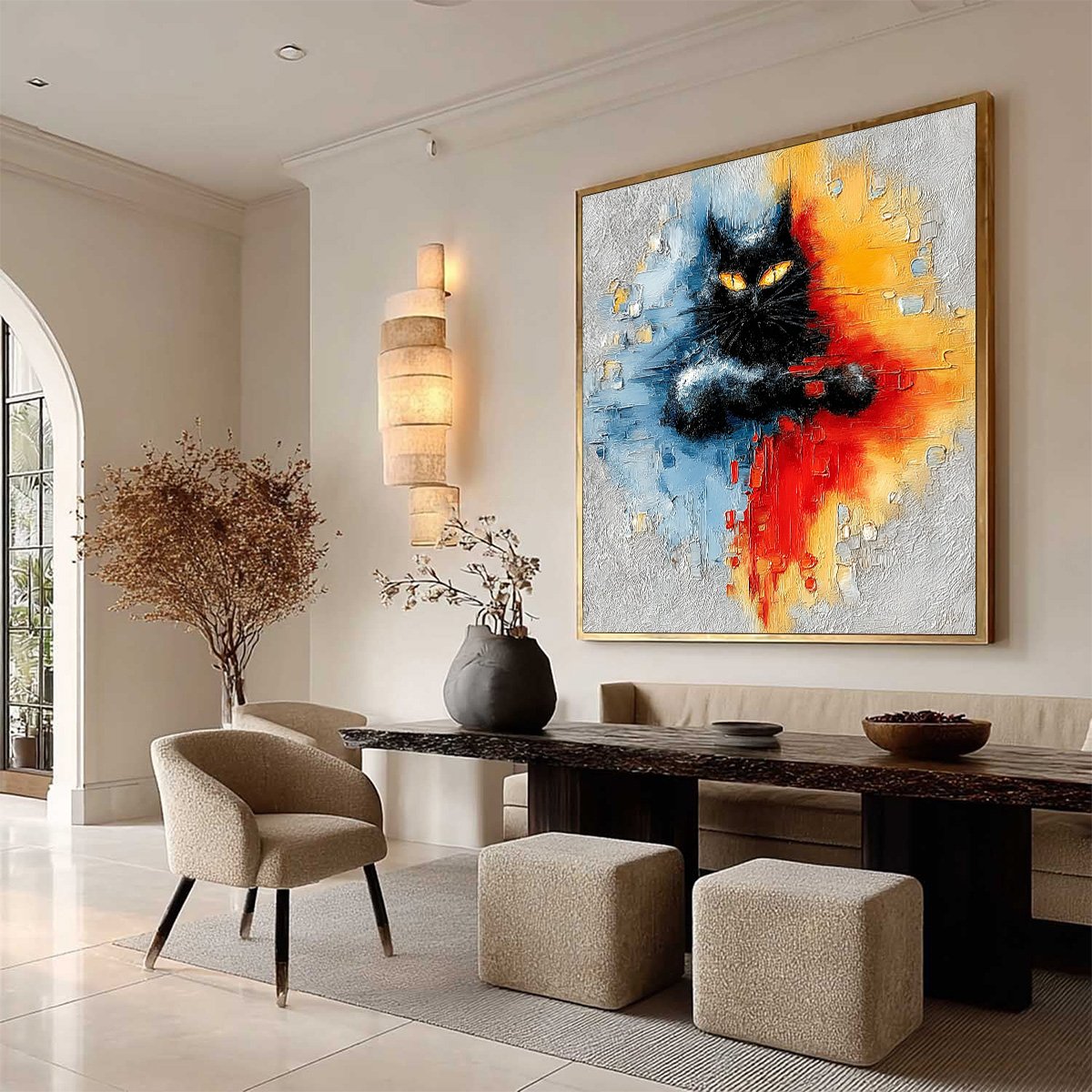 Gold and Black Abstract Cat Impasto Oil Painting – Midnight Gaze