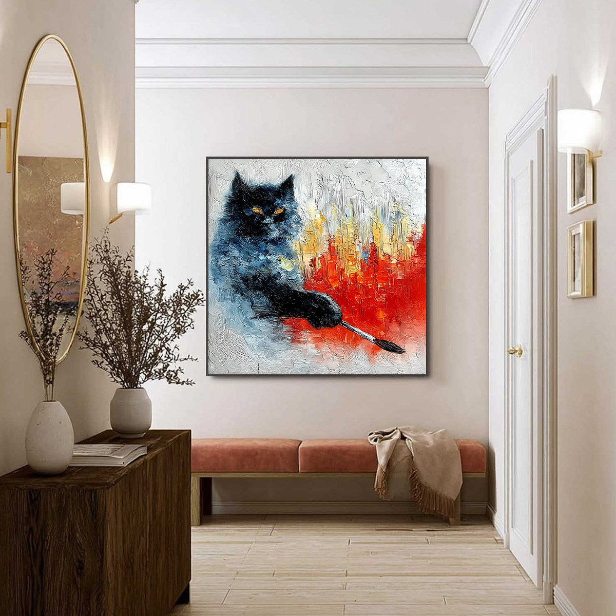 Black Abstract Cat Impasto Oil Painting – Midnight Painter