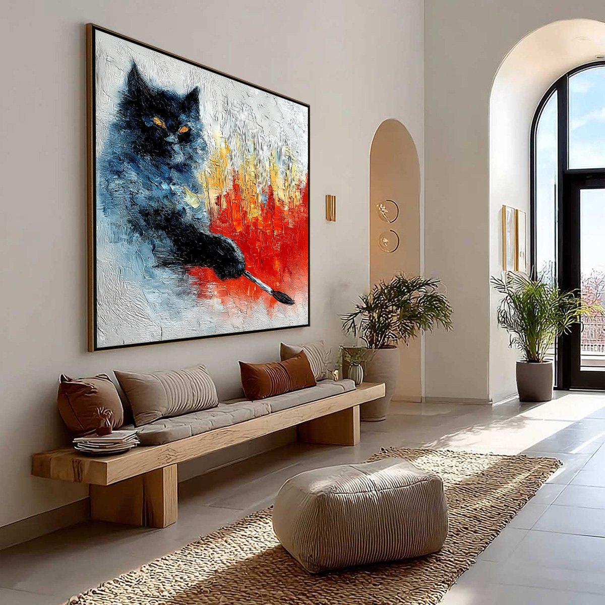 Black Abstract Cat Impasto Oil Painting – Midnight Painter