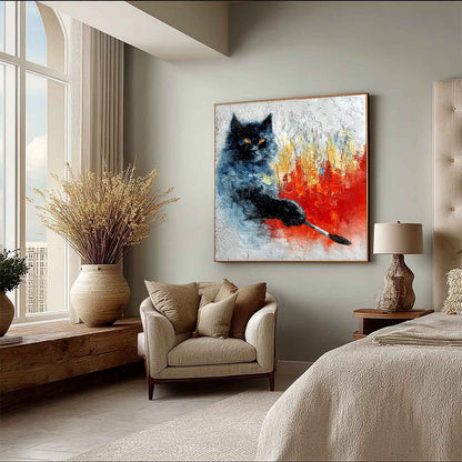 Black Abstract Cat Impasto Oil Painting – Midnight Painter