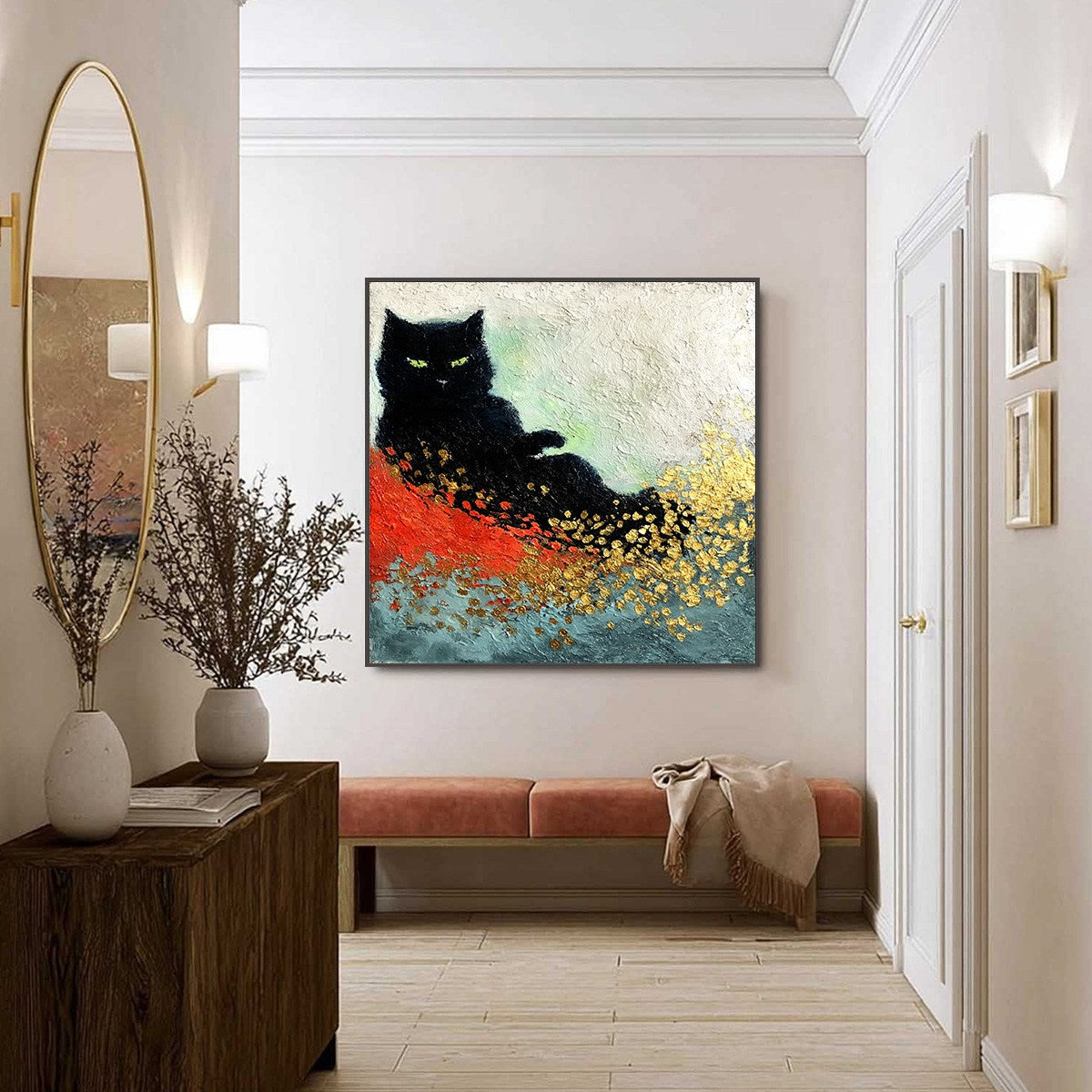 Gold and Black Abstract Cat Impasto Oil Painting – Midnight Reign
