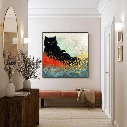 Gold and Black Abstract Cat Impasto Oil Painting – Midnight Reign