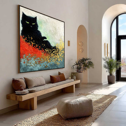 Gold and Black Abstract Cat Impasto Oil Painting – Midnight Reign