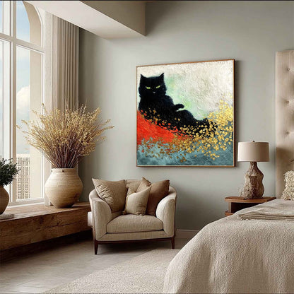 Gold and Black Abstract Cat Impasto Oil Painting – Midnight Reign