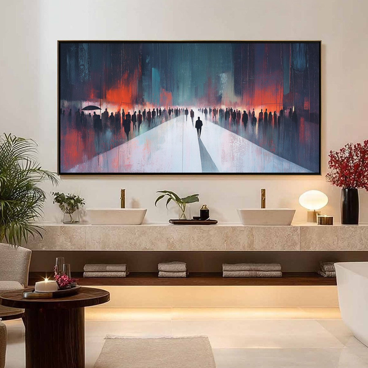 Figurative Minimalist Silhouette Textured Oil Painting – Midnight Crossing