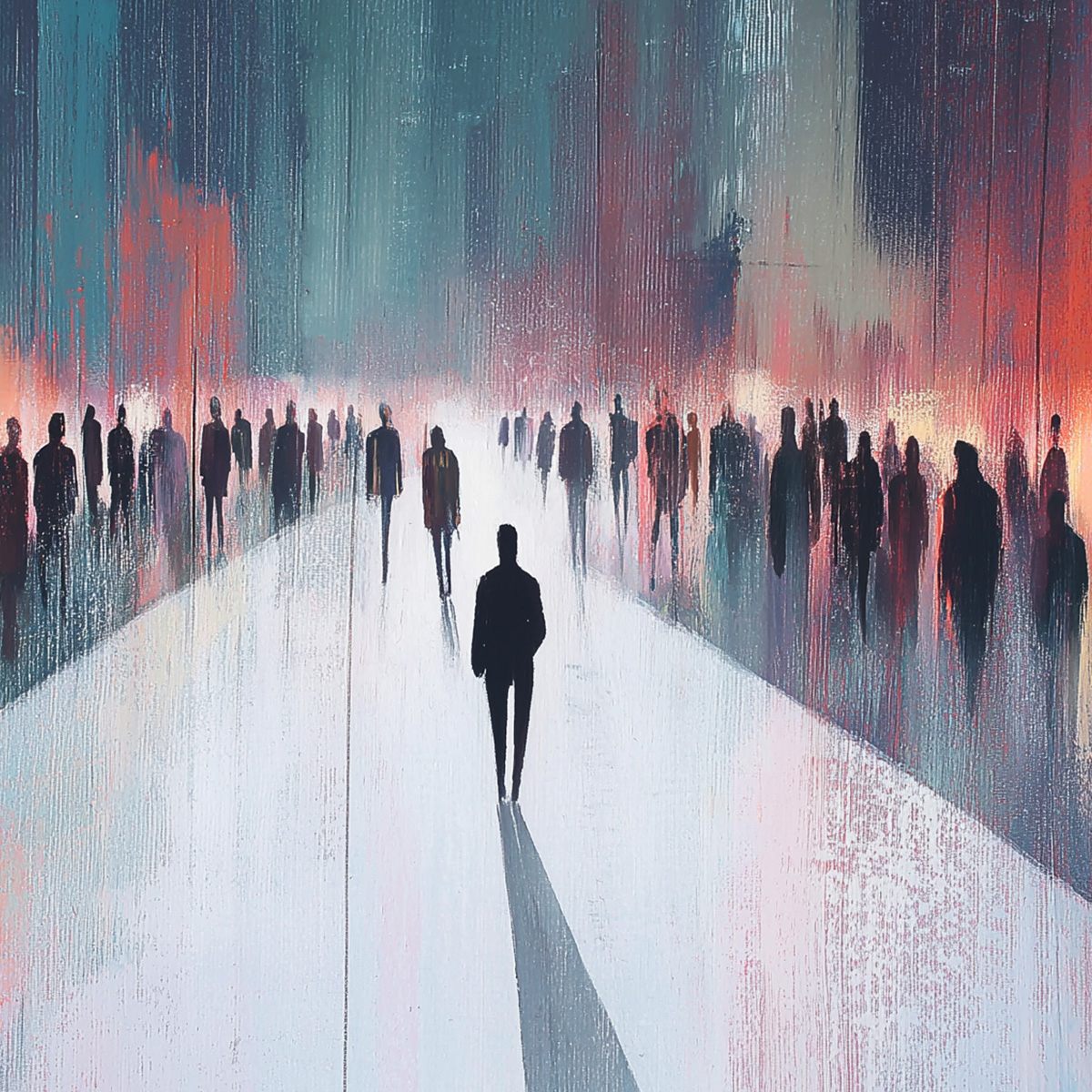 Figurative Minimalist Silhouette Textured Oil Painting – Midnight Crossing