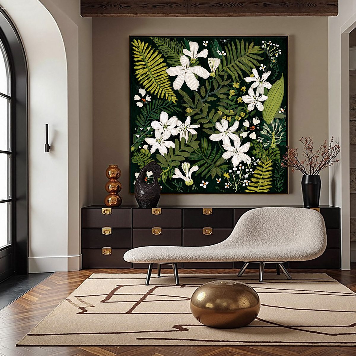 Green and White Floral Painting – Midnight Garden