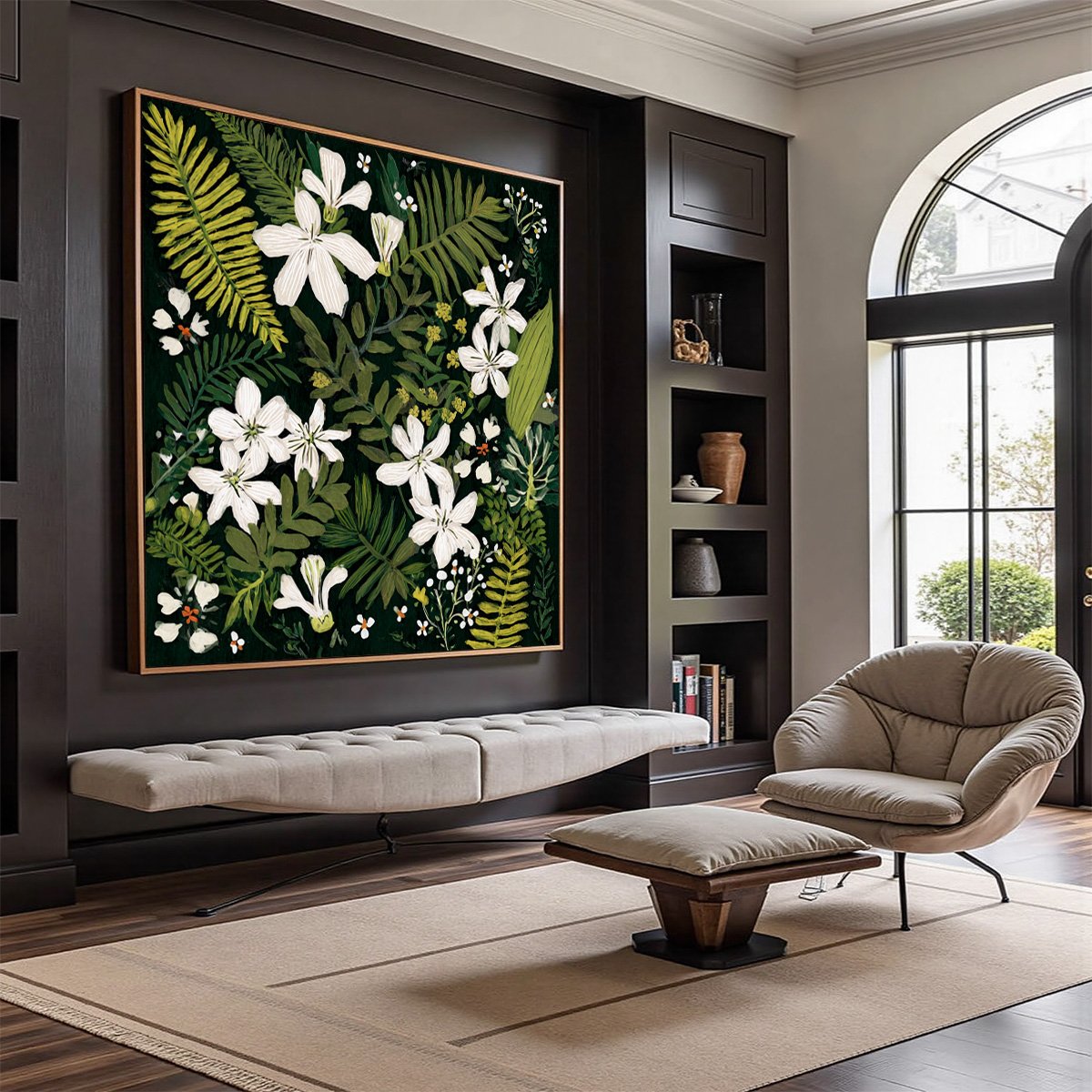 Green and White Floral Painting – Midnight Garden