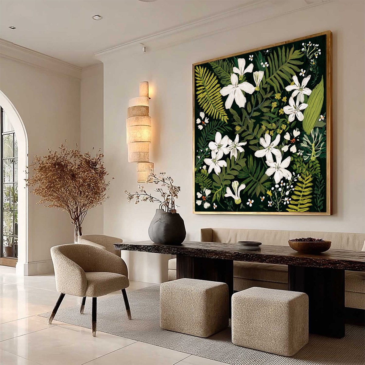 Green and White Floral Painting – Midnight Garden