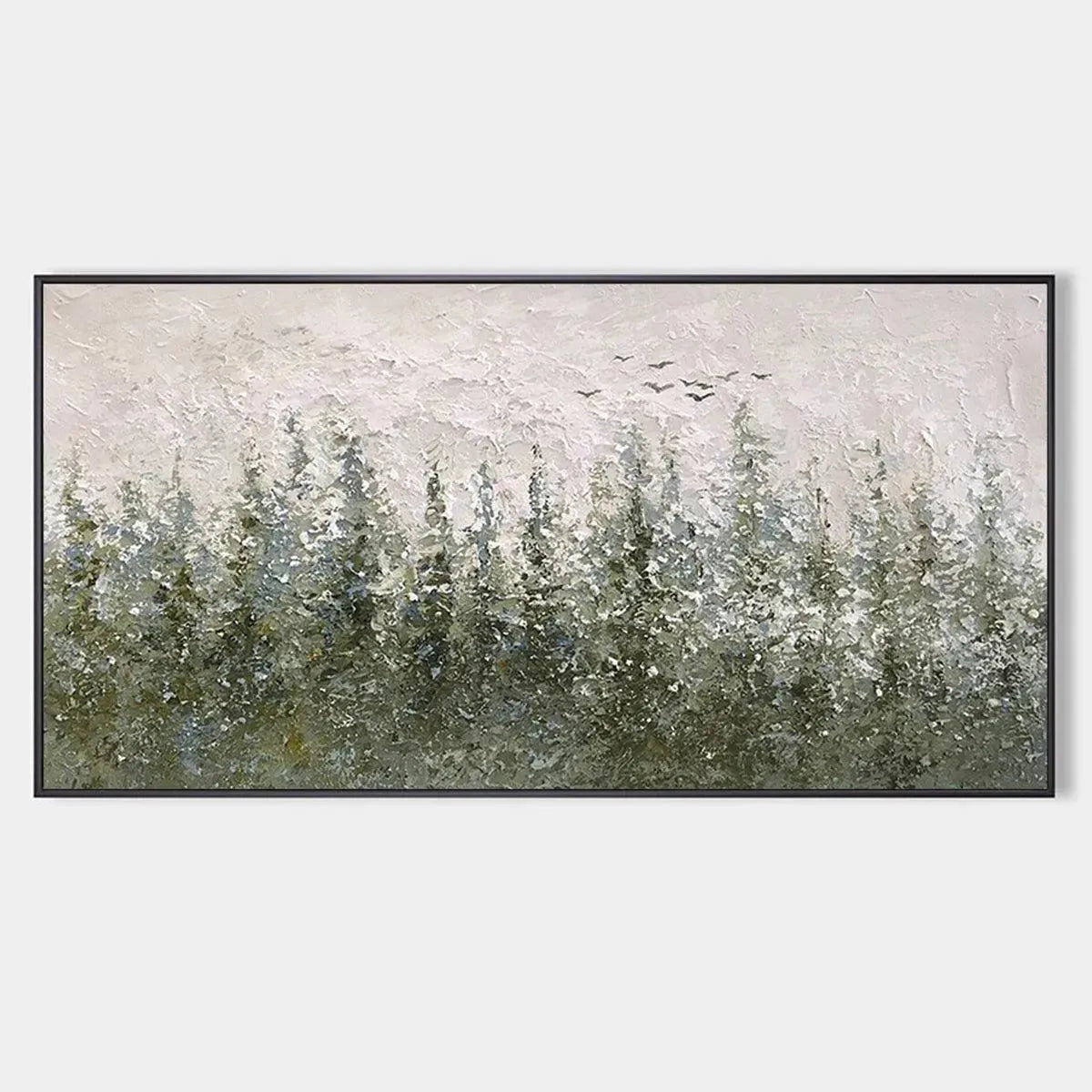 Misty Forest hand-painted forest green, soft grey and warm earth tones textured forest landscape painting rolled canvas option
