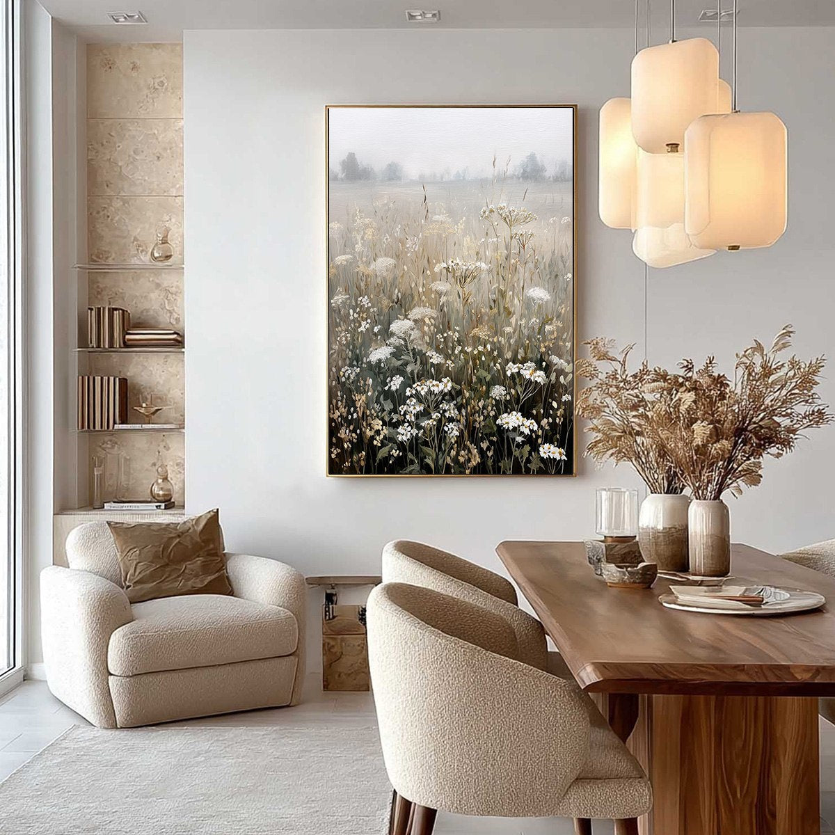 Green and White Meadow Painting – Misty Meadow