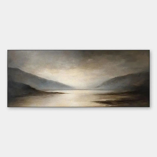 Misty Morning Serenity hand-painted ocean blue, ivory and soft neutral tones textured coastal landscape painting rolled canvas option